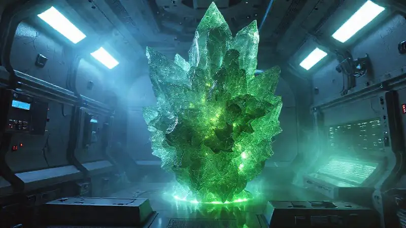 Estructura cristalina misteriosa en cámara futurista