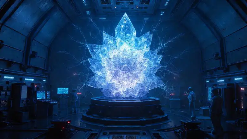 Estructura cristalina misteriosa en cámara futurista