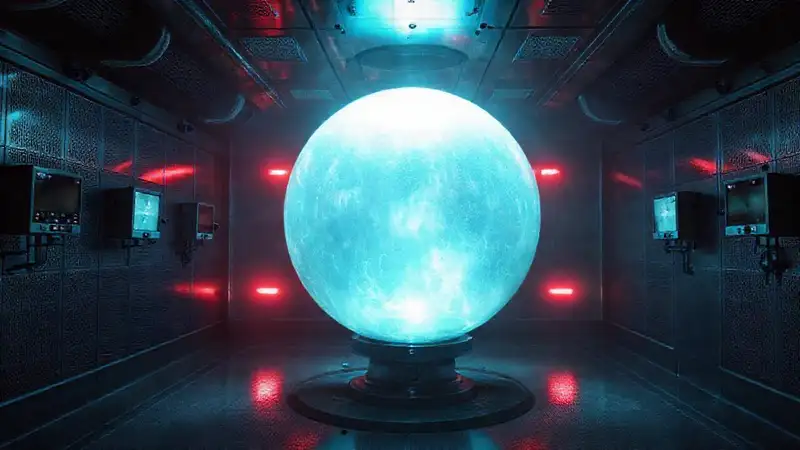 Esfera iridiscente en sala de contención fría