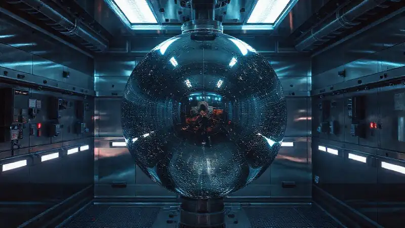 Esfera metálica reflejante en jaula de alta seguridad