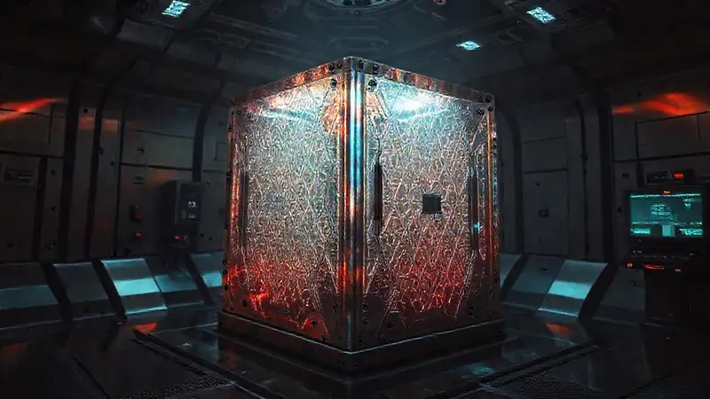 Cámara futurista con campo de energía brillante