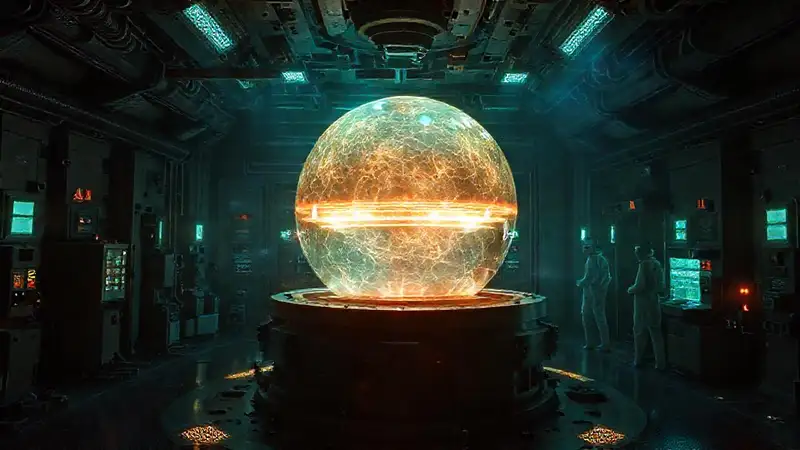 Esfera luminosa en laboratorio futurista protegido