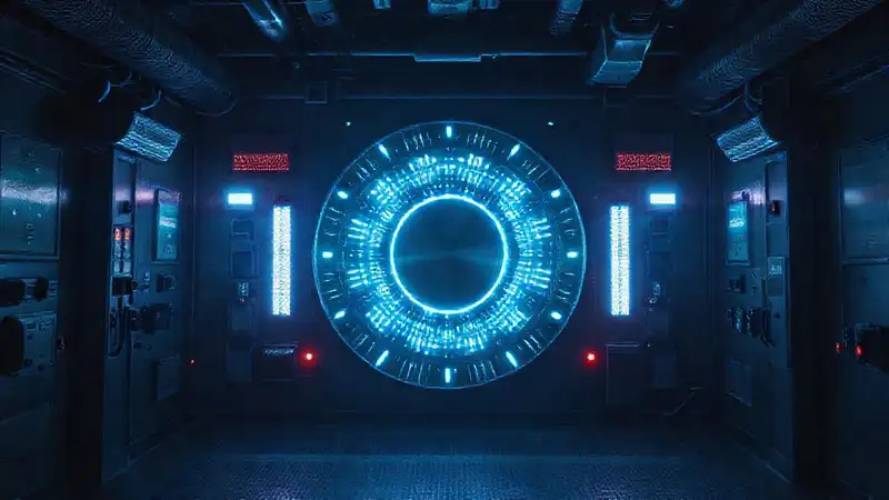 Artefacto metálico brillante en sala segura futurista