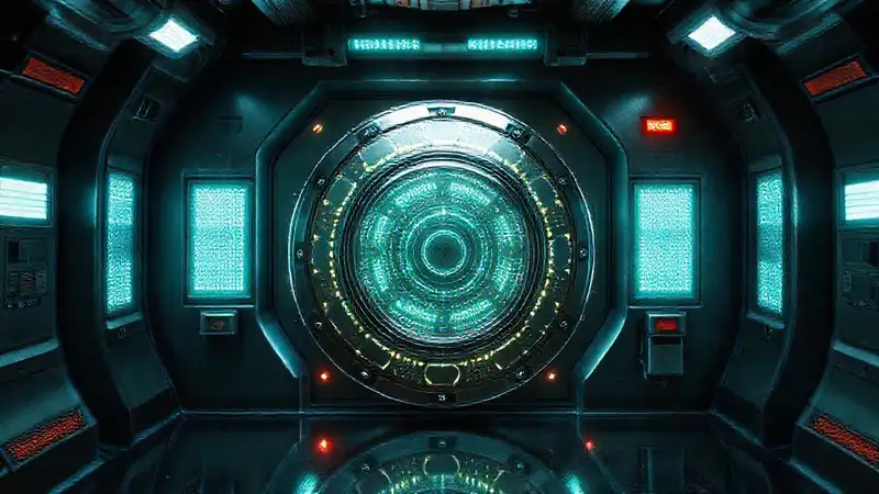 Artefacto metálico brillante en entorno futurista