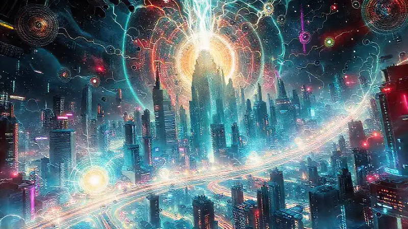 Escenario futurista con energía y distorsión espacial