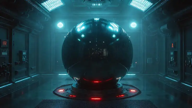 Esfera metálica brillante en sala futurista segura