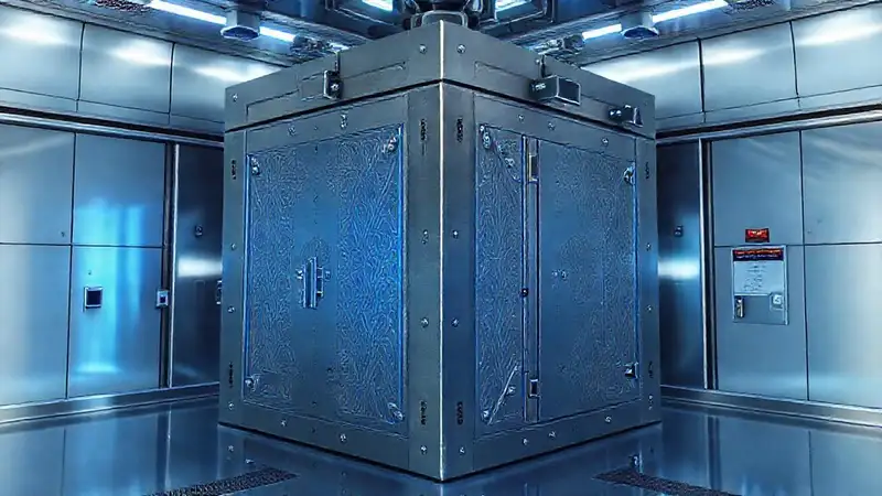 Cubo metálico futurista en cámara de contención