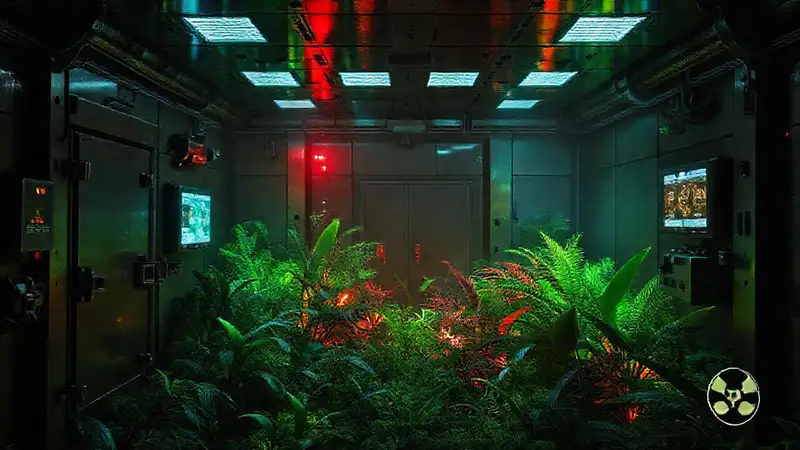 Mural de laboratorio con ecosistema misterioso y seguridad