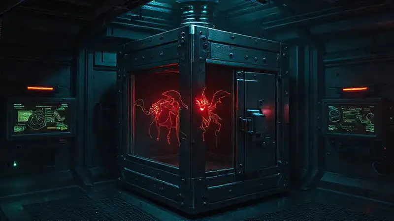 Cubo metálico misterioso en sala futurista