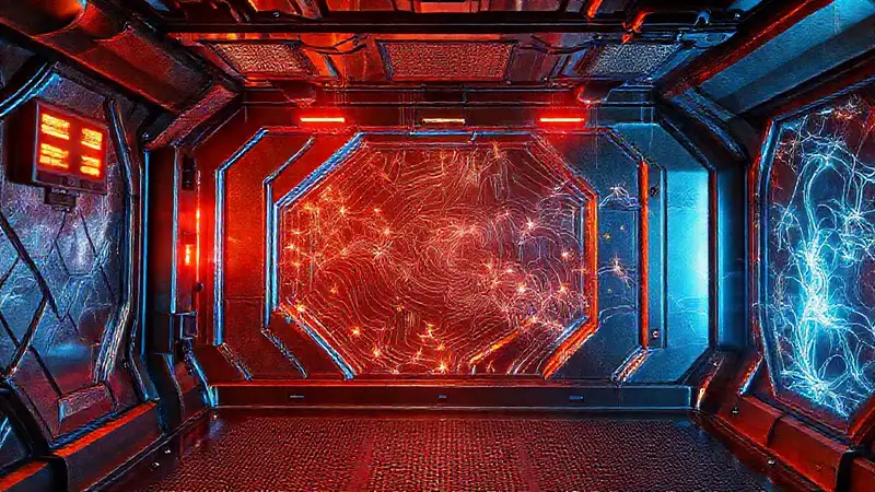 Laboratorio futurista con patrones metálicos y peligro