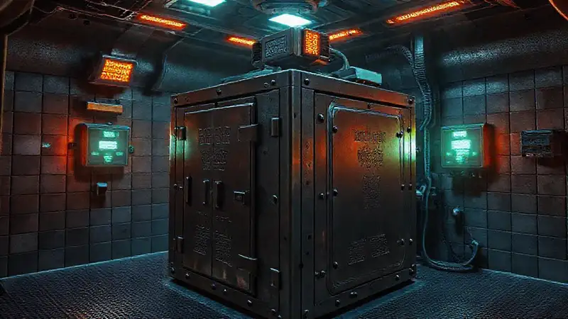 Cámara metálica futurista con sistemas de seguridad
