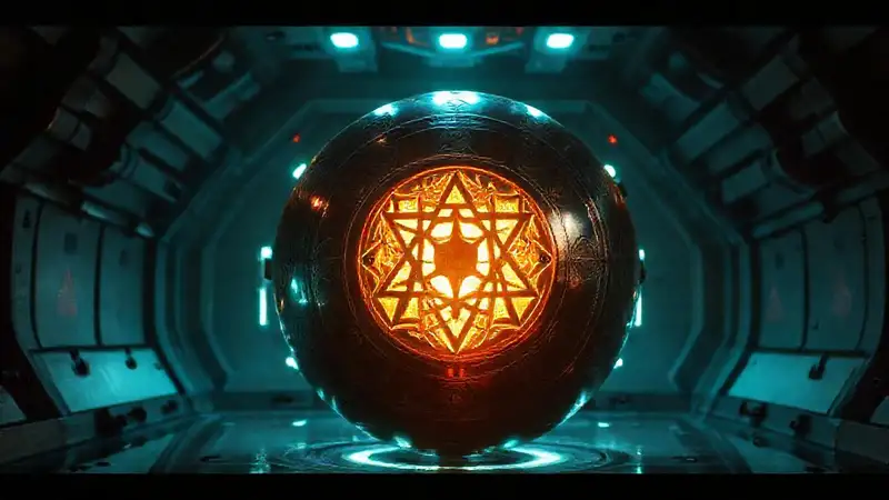 Esfera metálica misteriosa en recinto futurista