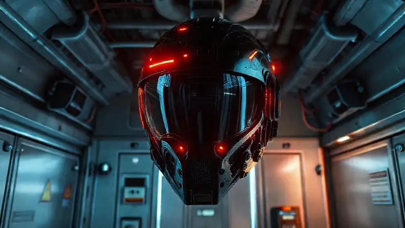 Casco tecnológico en laboratorio futurista y oscuro