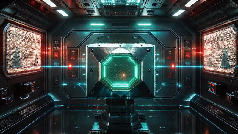 Objeto metálico brillante en contención futurista segura