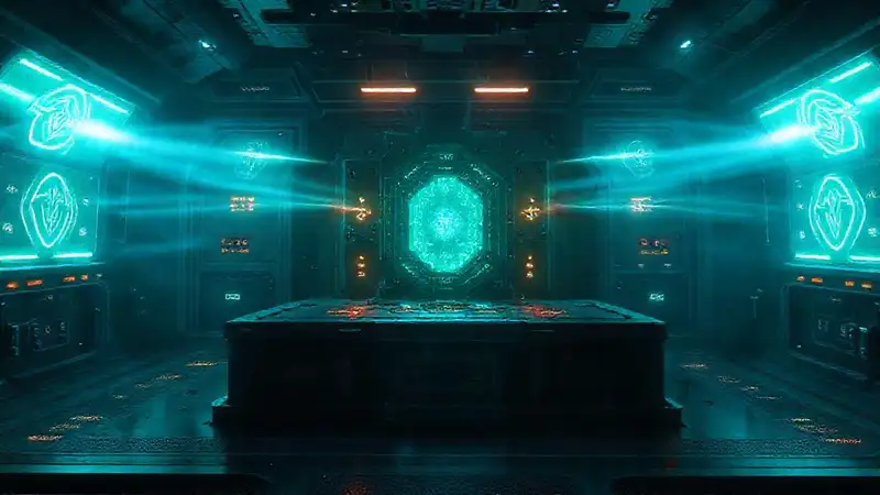 Estructura luminosa futurista con símbolos y energía