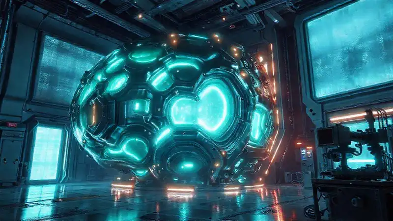Estructura metálica luminosa en laboratorio futurista
