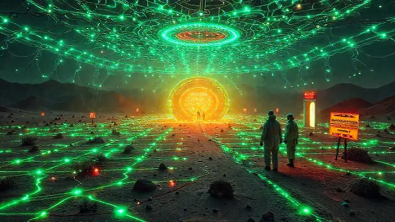 Red de energía en un paisaje futurista