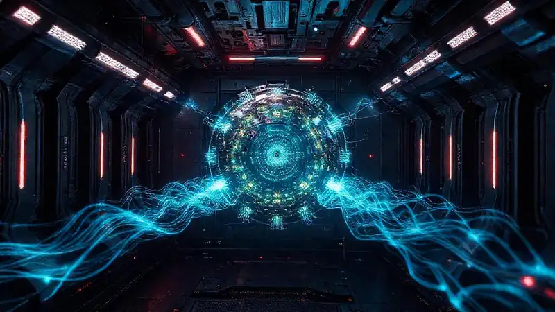 Anomalía metálica fractal en cámara futurista