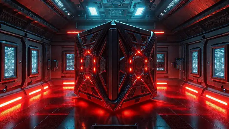 Objeto metálico cúbico en entorno futurista seguro