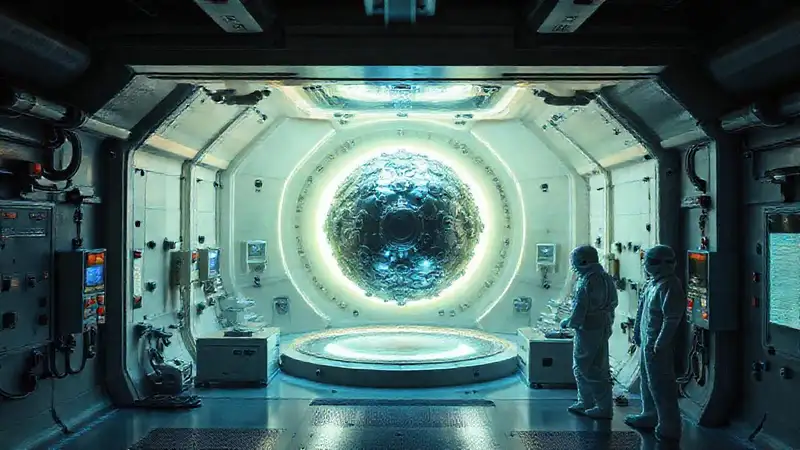 Cuarto de contención con esfera metálica misteriosa