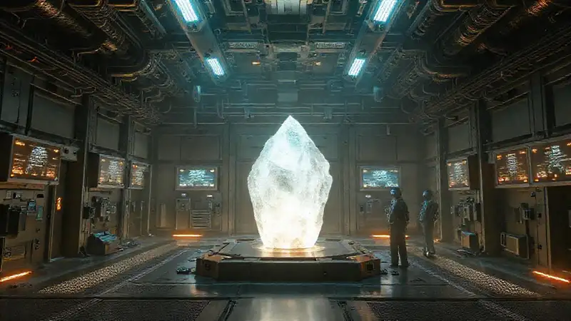 Cámara industrial futurista con estructura cristalina luminous
