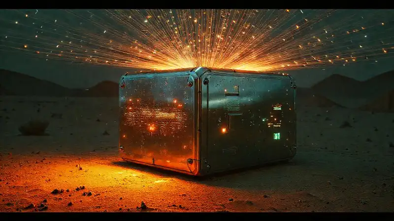 Objecto metálico misterioso en entorno futurista