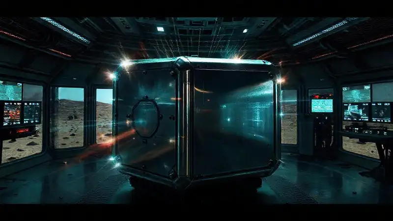 Objeto metálico misterioso en entorno de alta tecnología