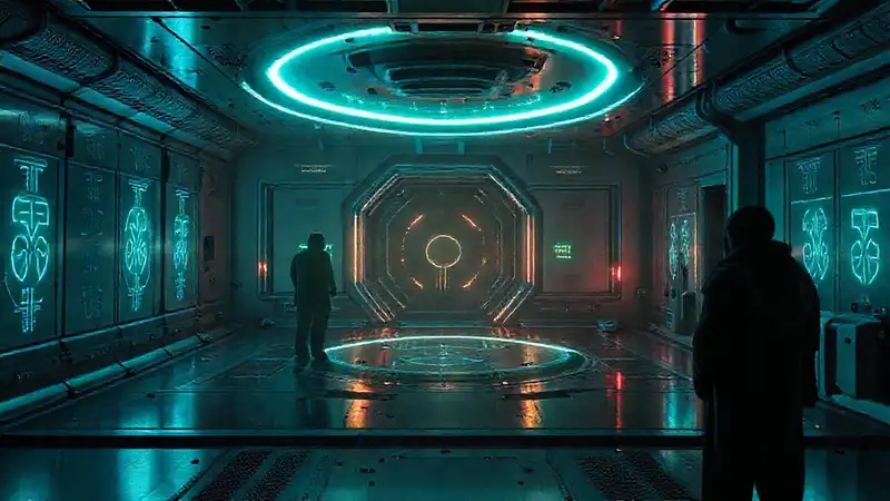 Cámara futurista con campo electromagnético brillante