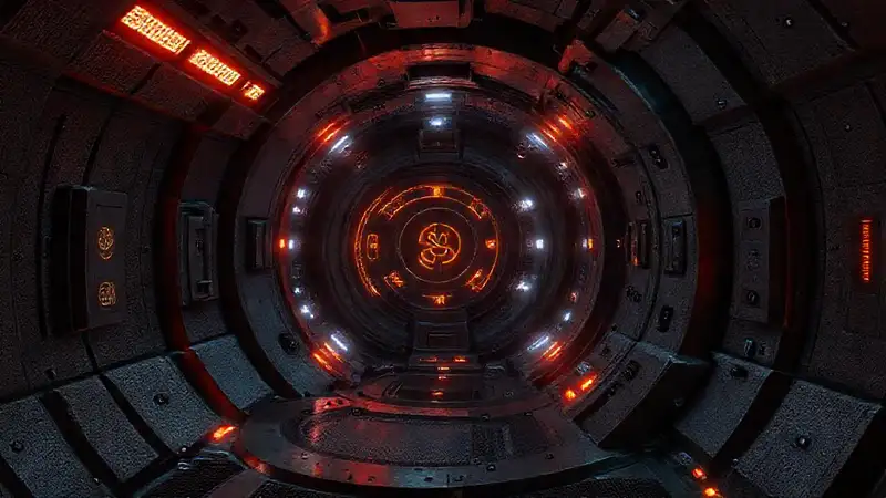 Estructura futurista con símbolos y energía