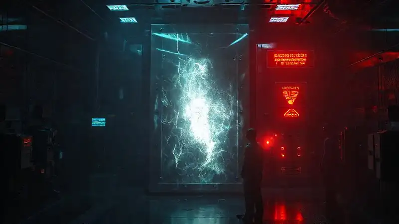 Estructura misteriosa con luz y seguridad tecnológica