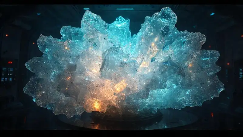 Cristal fractal brillante en ambiente misterioso futurista