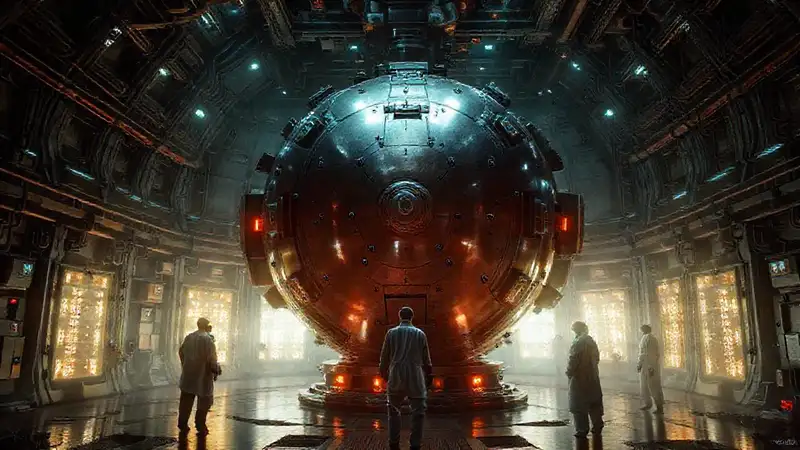 Esfera metálica en cámara segura futurista