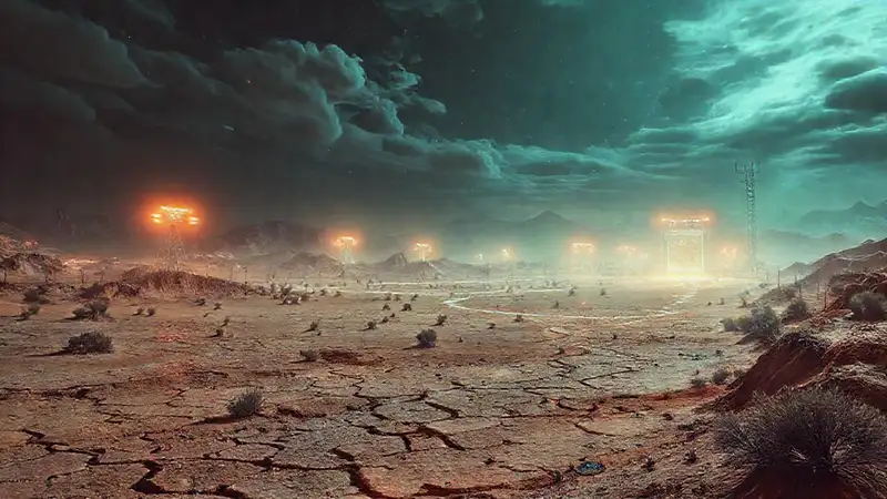 Paisaje desértico futurista con distorsiones y sensores