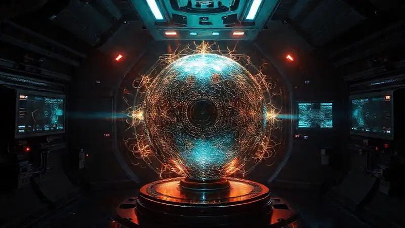 Esfera metálica misteriosa en contención futurista