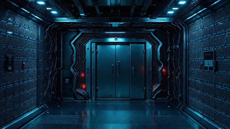 Cámara futurista con campos electromagnéticos inquietantes