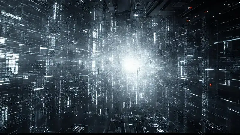 Matriz luminosa fractal en entorno futurista y misterioso