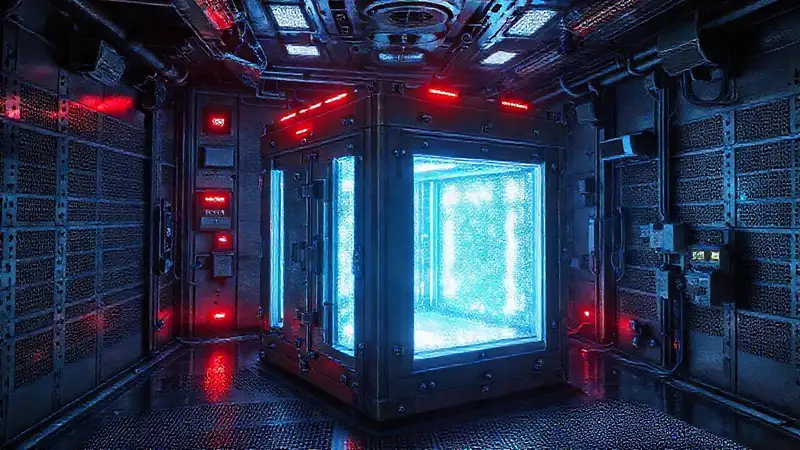 Cubo metálico misterioso en sala segura futurista