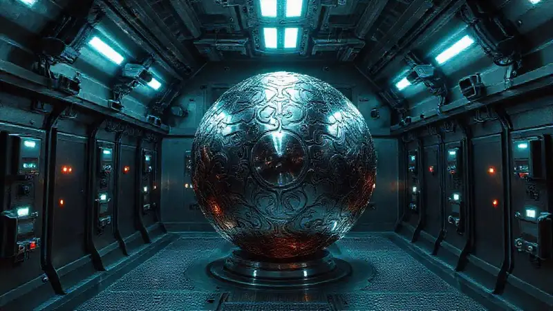 Esfera metálica fractal en recinto de alta tecnología