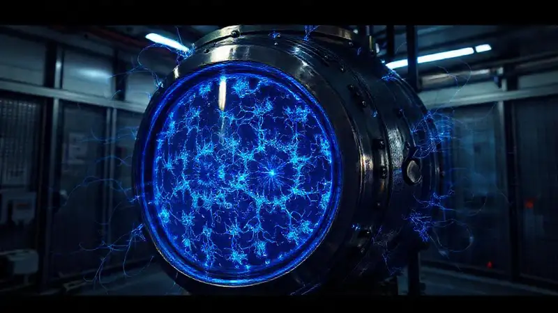 Estructura metálica con patrones azules misteriosos