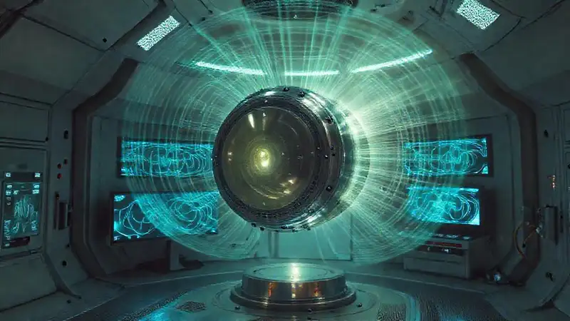 Objeto metálico emite ondas en cámara futurista