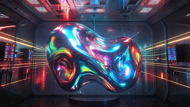 Forma metálica iridiscente en entorno futurista
