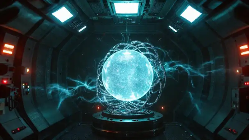 Cámara futurista con esfera luminosa y espirales