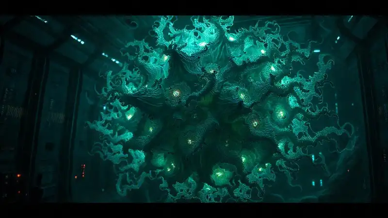 Estructura fractal luminosa en ambiente futurista misterioso