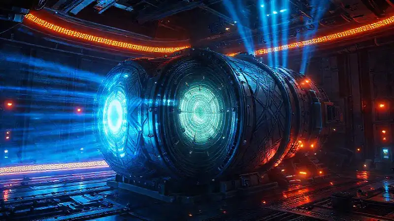 Estructura futurista con energía y advertencias