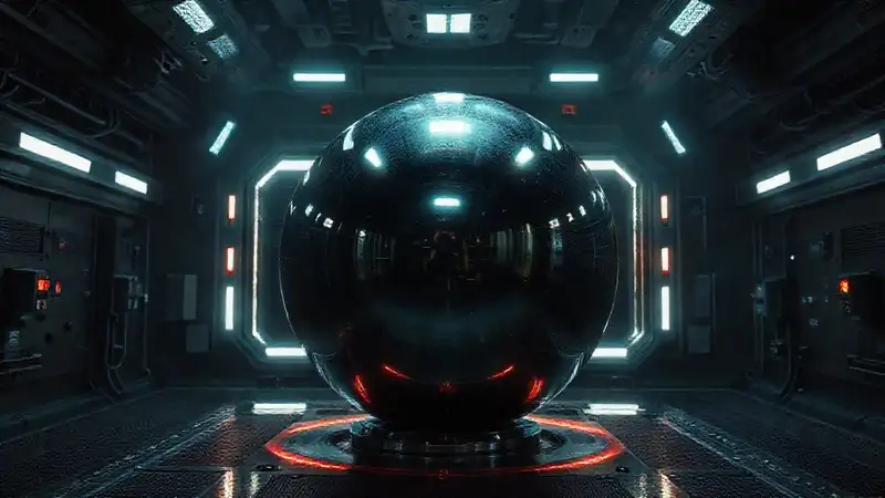 Objeto metálico reflejante en experimento futurista