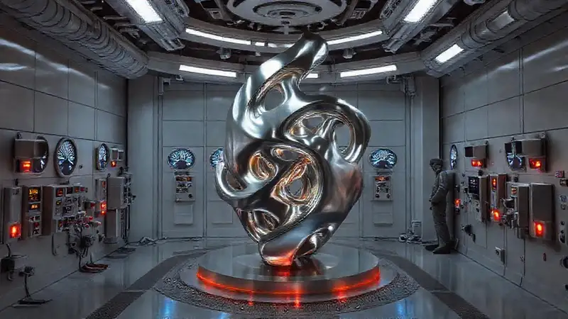 Escultura metálica en sala de alta tecnología