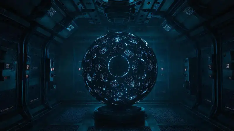 Esfera negra luminosa en contención futurista