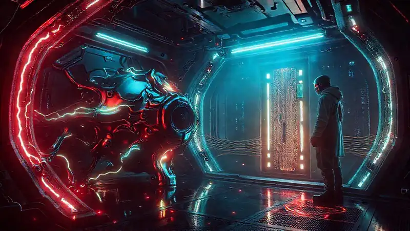 Cámara futurista brillante con ciencia y misterio