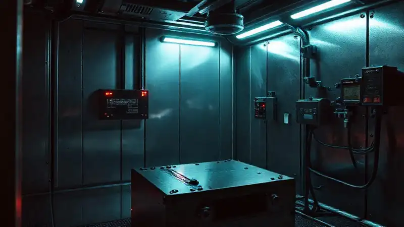 Dispositivo electrónico misterioso en cámara segura futurista