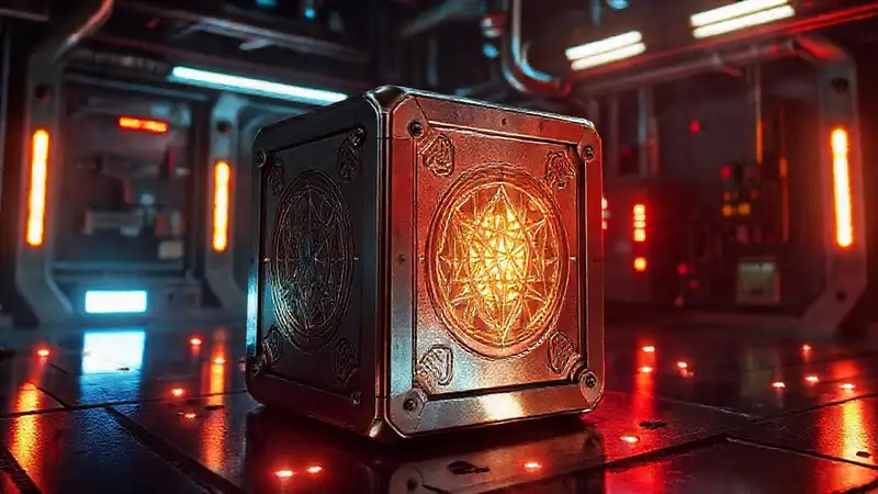 Cubo metálico futurista en entorno secreto y peligroso
